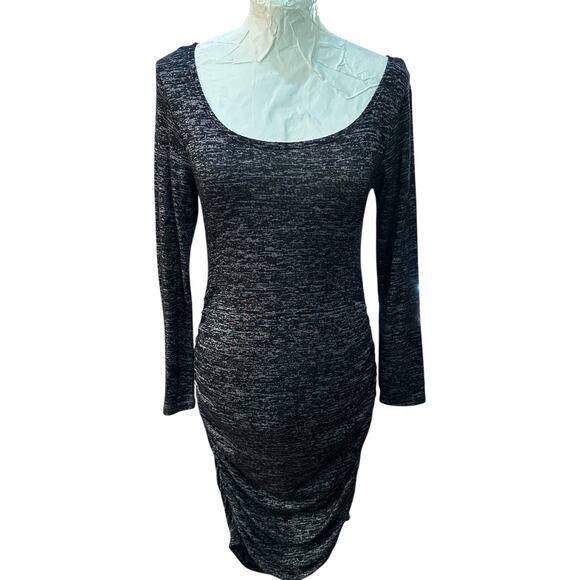 Heather Black Ruched Bodycon Dress Womens SZ L Coquette Long Sleeve Soft Knit - Picture 1 of 9